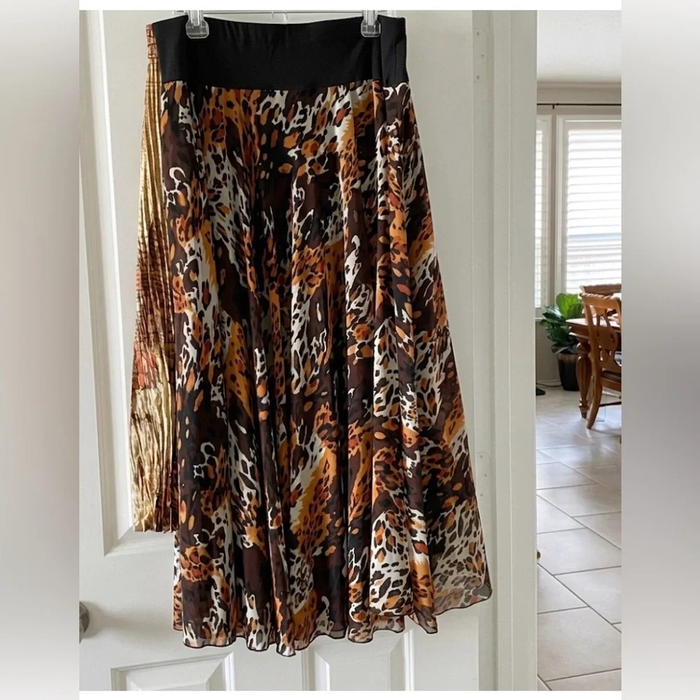 Silk Club Collection flared fall colors & leopard Print Skirt A-Line Maxi SZ M